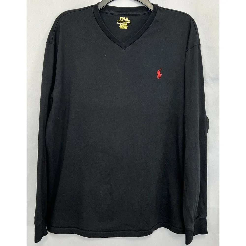 Polo Ralph Lauren Black V-Neck T-shirt Men Adult Large Long Sleeve Red Pony Logo